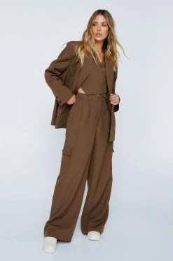 Premium Tailored Wide Leg Cargo Pants -Nasty Gal Sales Store Sales womens brown premium tailored wide leg cargo pants 3