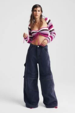 Fluffy Stripe Knitted Ruched Front Crop Top