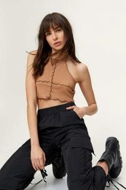 Exposed Seam Halterneck Cropped Top -Nasty Gal Sales Store Sales womens camel exposed seam halterneck cropped top 3