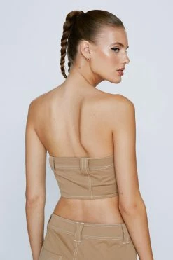 Exposed Stitch Twill Bandeau Corset Top 9 Exposed Stitch Twill Bandeau Corset Top -Nasty Gal Sales Store Sales womens camel exposed stitch twill bandeau corset top 2