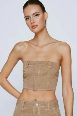 Exposed Stitch Twill Bandeau Corset Top 13 Exposed Stitch Twill Bandeau Corset Top -Nasty Gal Sales Store Sales womens camel exposed stitch twill bandeau corset top 3