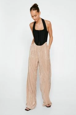 Crinkle Velvet Tailored Wide Leg Pants -Nasty Gal Sales Store Sales womens champagne crinkle velvet tailored wide leg pants 3