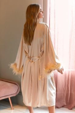 Feather Trim Satin Longline Robe -Nasty Gal Sales Store Sales womens champagne feather trim satin longline robe 2