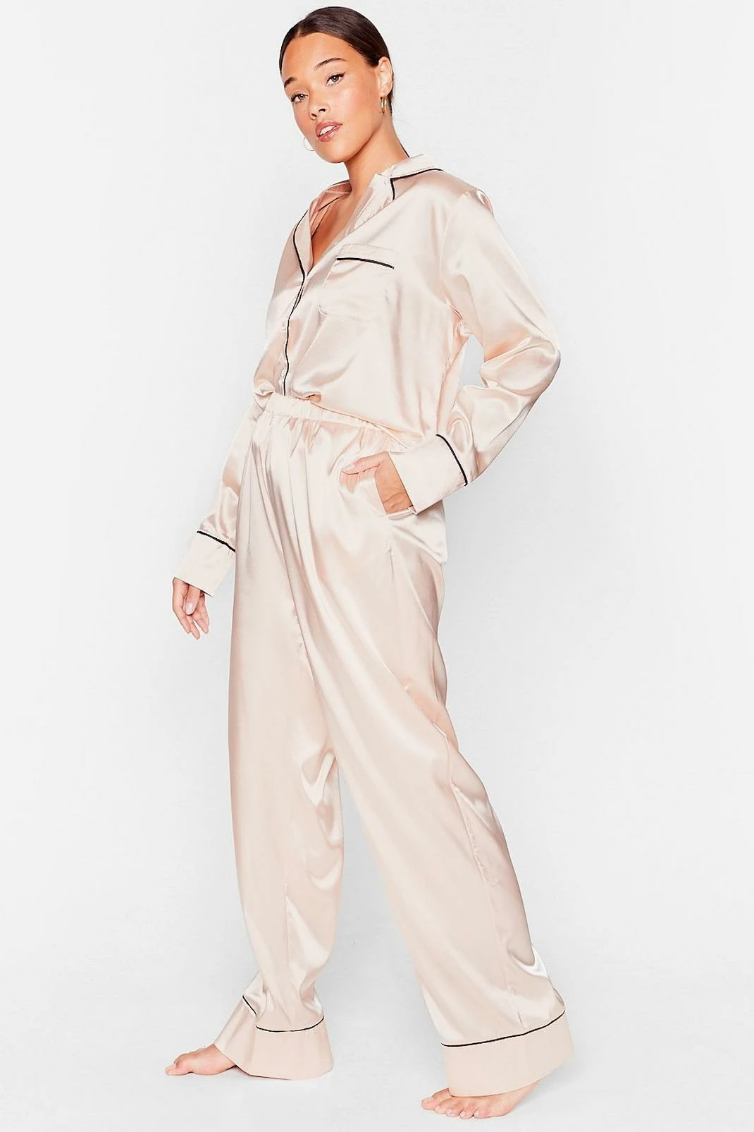 Plus Size Satin Contrast Piping Shirt And Pants Set 2 Plus Size Satin Contrast Piping Shirt And Pants Set - Image 2