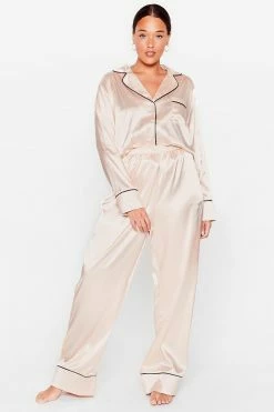 Plus Size Satin Contrast Piping Shirt And Pants Set 6 Plus Size Satin Contrast Piping Shirt And Pants Set -Nasty Gal Sales Store Sales womens champagne plus size all a dream satin pajama set 2