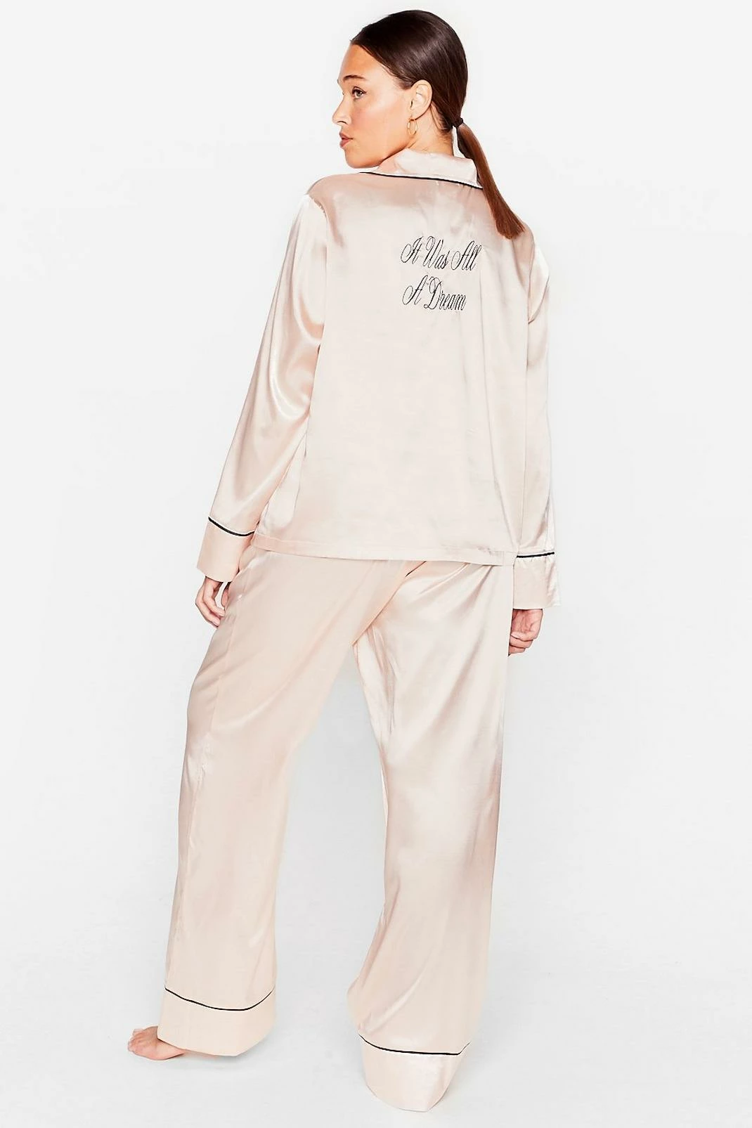 Plus Size Satin Contrast Piping Shirt And Pants Set 4 Plus Size Satin Contrast Piping Shirt And Pants Set - Image 4