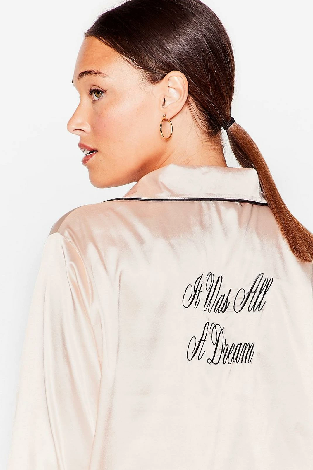 Plus Size Satin Contrast Piping Shirt And Pants Set 1 Plus Size Satin Contrast Piping Shirt And Pants Set