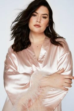 Plus Size Feather Trim Satin Longline Robe -Nasty Gal Sales Store Sales womens champagne plus size feather trim satin longline robe
