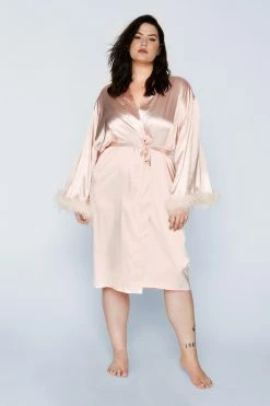 Plus Size Feather Trim Satin Longline Robe -Nasty Gal Sales Store Sales womens champagne plus size feather trim satin longline robe 3