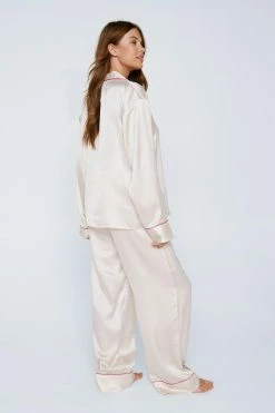 Recycled Satin Contrast Heart Pocket Pj Shirt & Pants Set -Nasty Gal Sales Store Sales womens champagne recycled satin contrast heart pocket pj shirt pants set 2