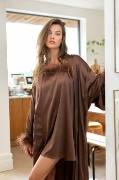Feather Trim Satin Longline Robe -Nasty Gal Sales Store Sales womens chocolate feather trim satin longline robe
