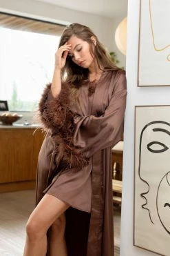 Feather Trim Satin Longline Robe -Nasty Gal Sales Store Sales womens chocolate feather trim satin longline robe 5