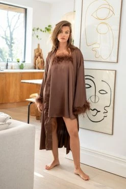 Feather Trim Satin Longline Robe -Nasty Gal Sales Store Sales womens chocolate feather trim satin longline robe 6