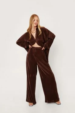 High Waisted Plisse Wide Leg Pants -Nasty Gal Sales Store Sales womens chocolate high waisted plisse wide leg pants 3