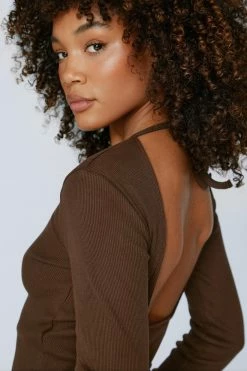 Long Sleeve Backless Tie Up Top -Nasty Gal Sales Store Sales womens chocolate long sleeve backless tie up top 1