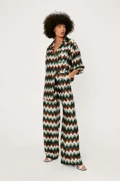 Zig Zag Print Satin Wide Leg Pants