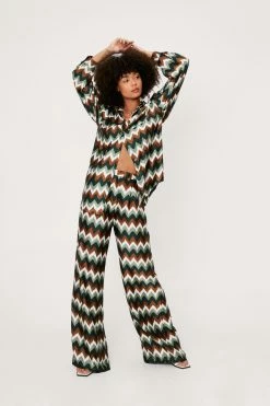 Zig Zag Print Satin Wide Leg Pants -Nasty Gal Sales Store Sales womens chocolate zig zag print satin wide leg pants 3