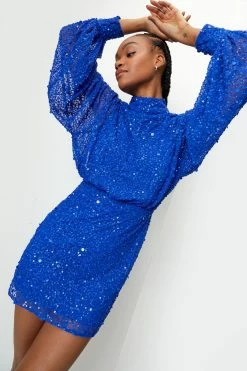 Balloon Sleeve Sequin Embellished Mini Dress 13 Balloon Sleeve Sequin Embellished Mini Dress -Nasty Gal Sales Store Sales womens cobalt balloon sleeve sequin embellished mini dress 7
