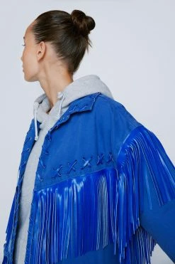 Alternative view of Petite Lattice Fringe Denim Oversized Shacket