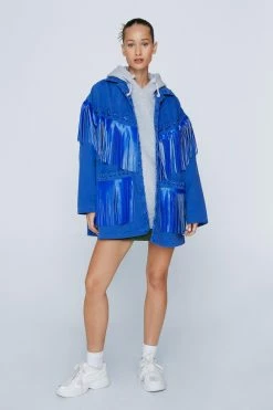 Petite Lattice Fringe Denim Oversized Shacket