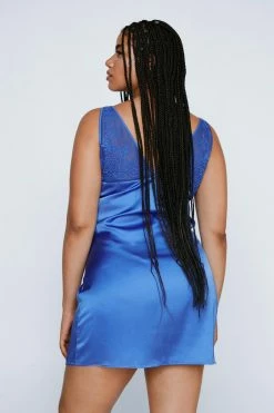 Plus Size Lace Detail Satin Mini Dress -Nasty Gal Sales Store Sales womens cobalt plus size lace detail satin mini dress 2