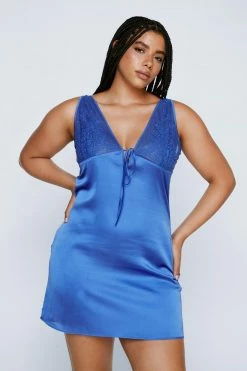 Plus Size Lace Detail Satin Mini Dress -Nasty Gal Sales Store Sales womens cobalt plus size lace detail satin mini dress 3
