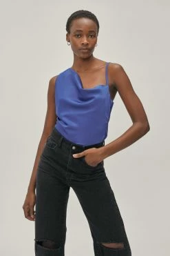 Satin Asymmetric Cowl Neck Cami -Nasty Gal Sales Store Sales womens cobalt satin asymmetric cowl neck cami 3