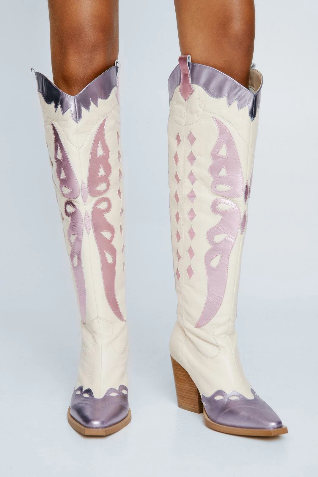Leather Metallic Butterfly Knee High Cowboy Boots 1 Leather Metallic Butterfly Knee High Cowboy Boots