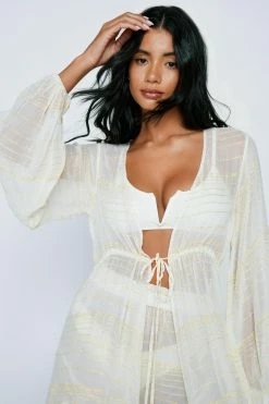 Viscose Georgette Glitter Stripe Tassel Maxi Cover Up Kimono