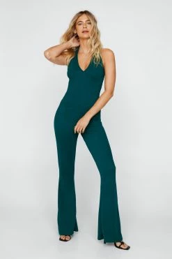 Halter Neck Kick Flare Jumpsuit -Nasty Gal Sales Store Sales womens dark20green halter neck kick flare jumpsuit 3