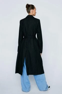 Pinstripe Belted Wool Mix Coat -Nasty Gal Sales Store Sales womens dark20grey pinstripe belted wool mix coat 2