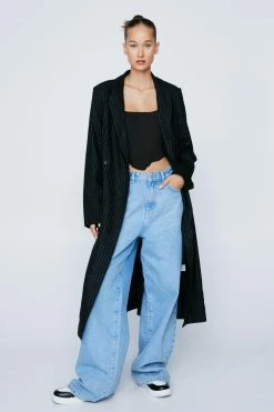 Pinstripe Belted Wool Mix Coat