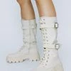 Faux Leather Lace Up Buckle Detail Boots