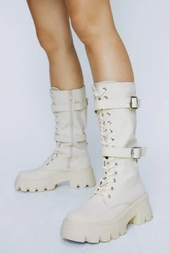 Faux Leather Lace Up Buckle Detail Boots
