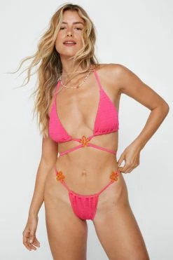 Flower Trim Shirred Triangle Bikini -Nasty Gal Sales Store Sales womens fuchsia flower trim shirred triangle bikini