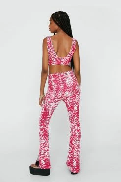 Zebra Print Flared Pants With Side Splits -Nasty Gal Sales Store Sales womens fuchsia zebra print flared pants with side splits 2