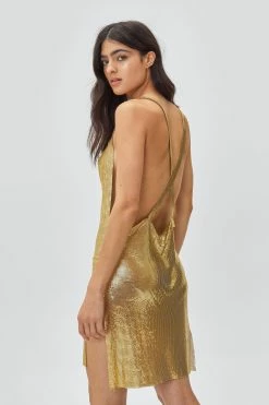 Chainmail Cowl Neck Relaxed Mini Dress 18 Chainmail Cowl Neck Relaxed Mini Dress -Nasty Gal Sales Store Sales womens gold chainmail cowl neck relaxed mini dress 2