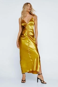 Hammered Satin Cut Out Bias Midi Dress -Nasty Gal Sales Store Sales womens gold hammered satin cut out bias midi dress 3