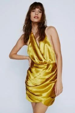 Hammered Satin Ruched Mini Dress -Nasty Gal Sales Store Sales womens gold hammered satin ruched mini dress 3