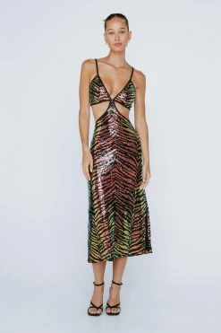 Petite Animal Print Sequin Cut Out Midi Dress -Nasty Gal Sales Store Sales womens gold petite animal print sequin cut out midi dress 3