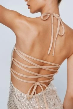 Sequin Lace Up Back Midi Dress -Nasty Gal Sales Store Sales womens gold sequin lace up back midi dress 3