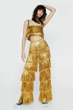 Tinsel Fringed Tiered Pants -Nasty Gal Sales Store Sales womens gold tinsel fringed tiered pants 3