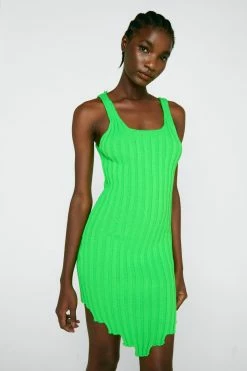Asymmetric Hem Ribbed Knitted Mini Dress -Nasty Gal Sales Store Sales womens green asymmetric hem ribbed knitted mini dress 6