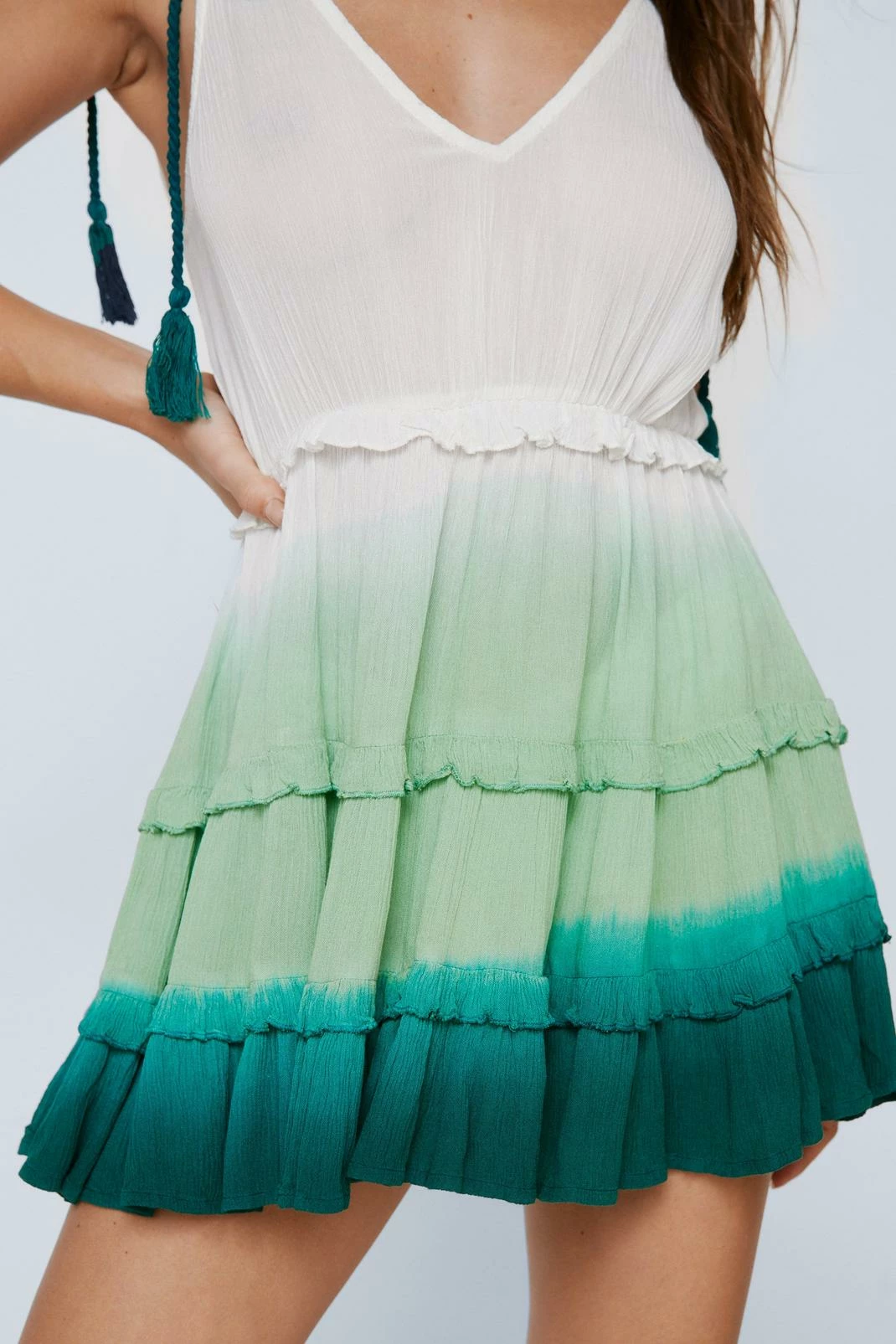 Crinkle Viscose Ombre Tiered Tie Mini Dress 1 Crinkle Viscose Ombre Tiered Tie Mini Dress