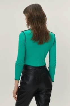 Exposed Seam Cropped Long Sleeve Top -Nasty Gal Sales Store Sales womens green exposed seam cropped long sleeve top 2