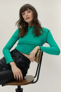Exposed Seam Cropped Long Sleeve Top -Nasty Gal Sales Store Sales womens green exposed seam cropped long sleeve top 3