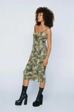 Flocked Mesh Cowl Neck Dress 11 Flocked Mesh Cowl Neck Dress -Nasty Gal Sales Store Sales womens green flocked mesh cowl neck dress 1