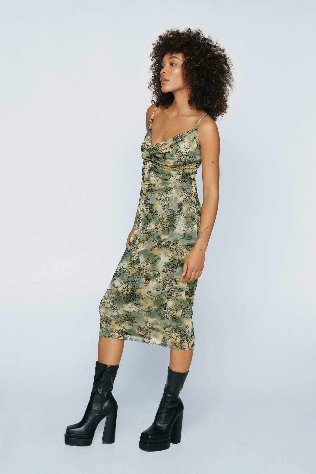 Flocked Mesh Cowl Neck Dress 5 Flocked Mesh Cowl Neck Dress - Image 5