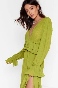 Ruffle Plunging Pleated Maxi Dress -Nasty Gal Sales Store Sales womens green frill v neck maxi dress 2