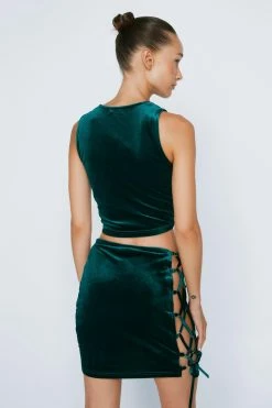 Lace Up Velvet Bodycon Mini Skirt -Nasty Gal Sales Store Sales womens green lace up velvet bodycon mini skirt 2
